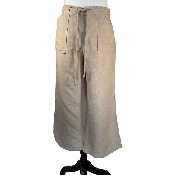 New York & Company Linen Blend Wide Leg Pants Women’s 8 Beige Cropped Drawstring - Picture 4 of 8